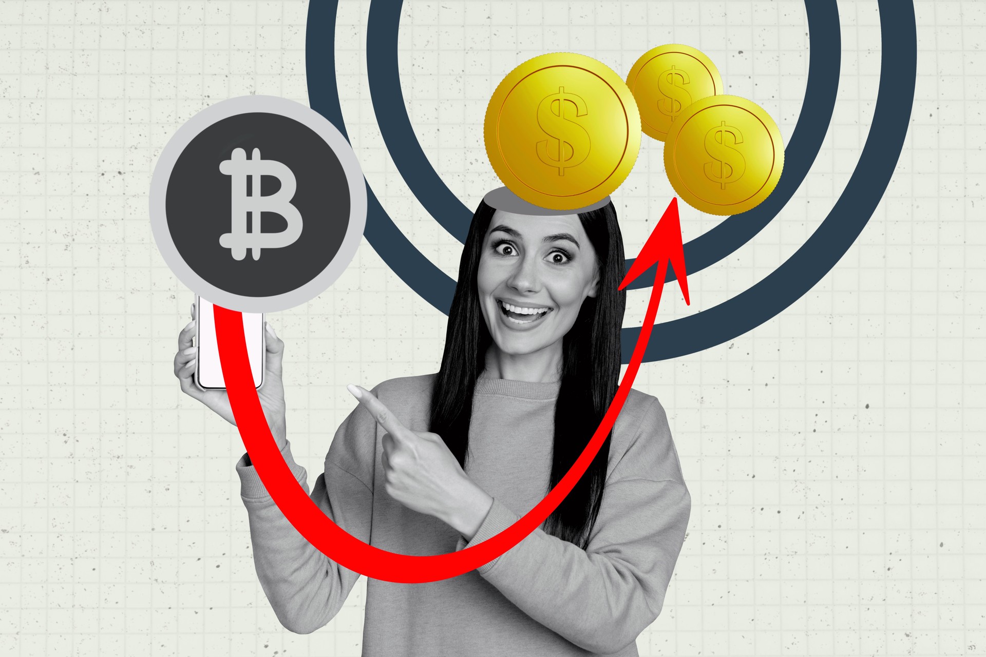 Composite trend artwork sketch image collage of business stats human resource trader young lady rich hold phome finger point bitcoin coin