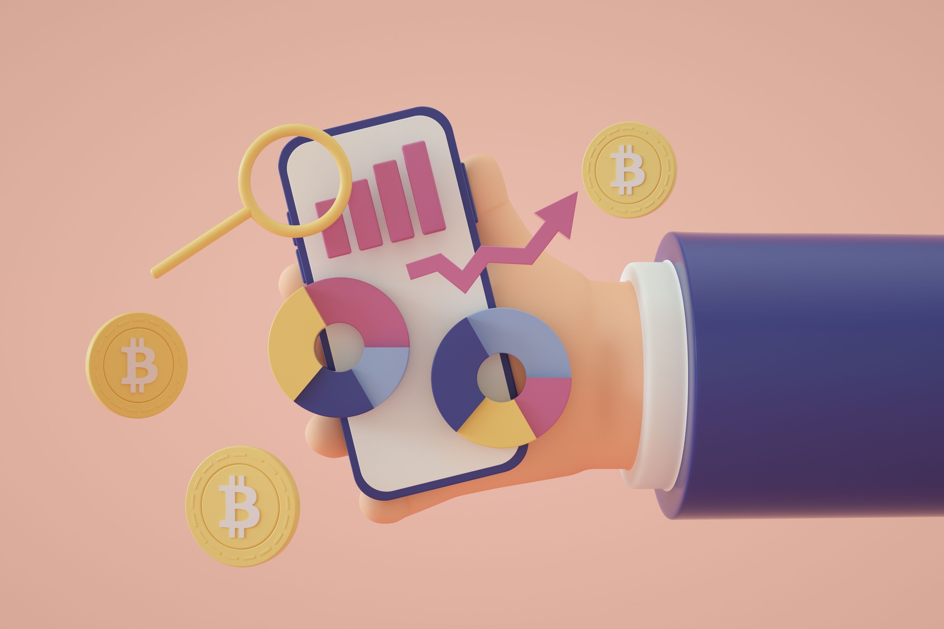 Cartoon character hand holding mobile smart phone with data chart, Bitcoin, Financial reports, data analysis, growth