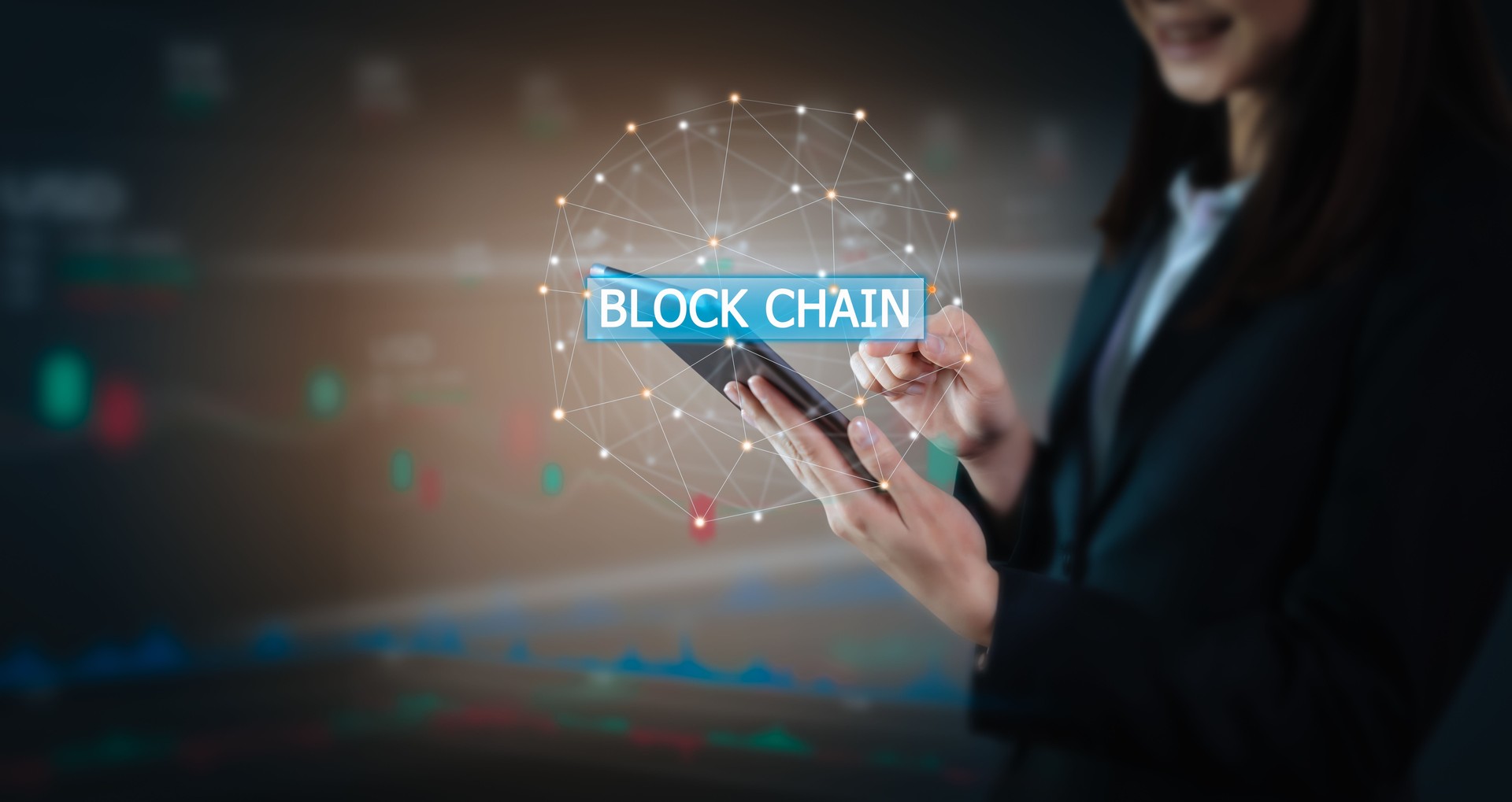 Women holding the tablet and touching Block Chain interface. Network computer connection.