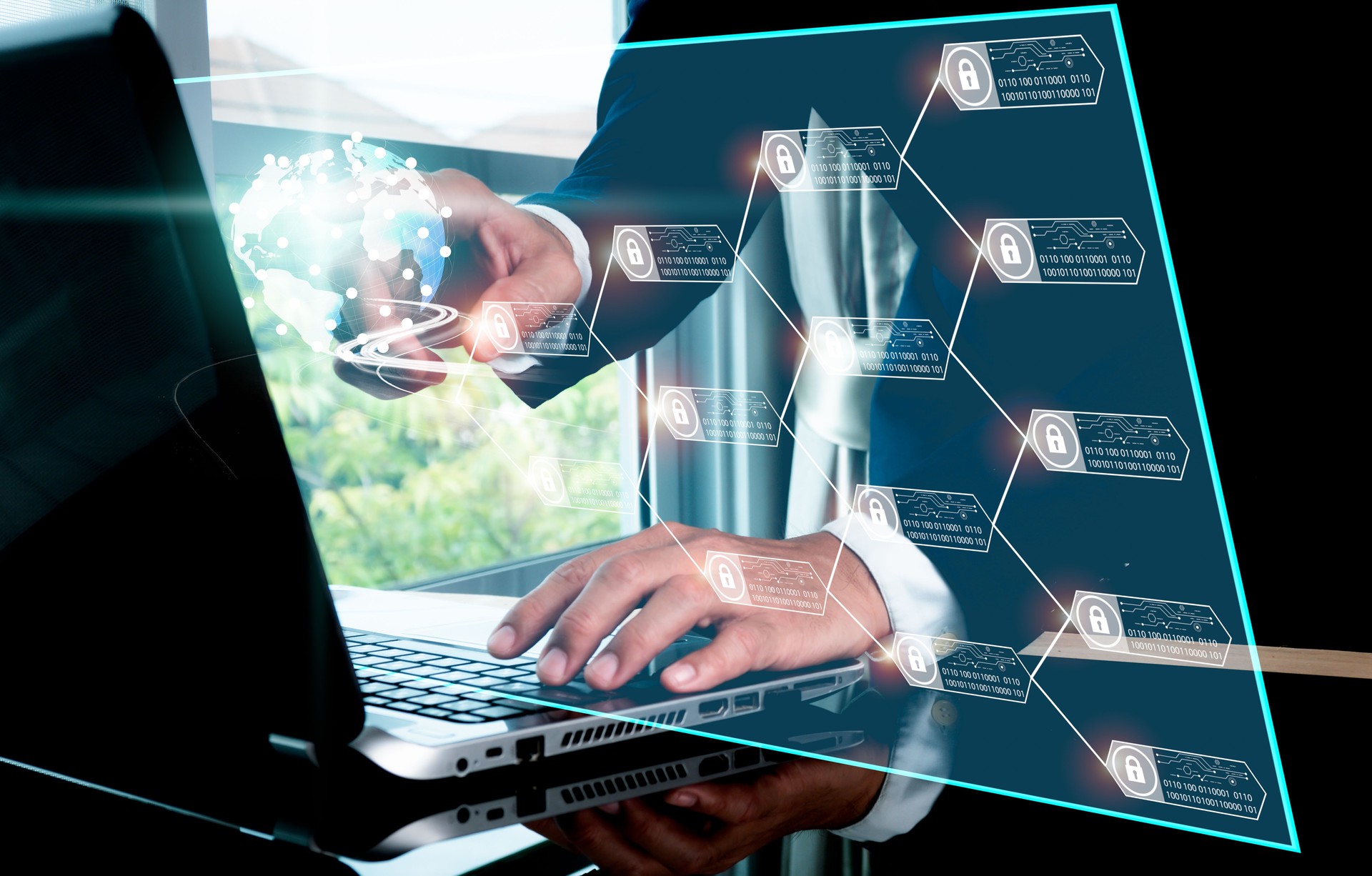 Blockchain technology concept depicted with a chain diagram and encrypted blocks. A businessman's hand working with a new modern computer, as well as a diagram of business strategy and social media.
